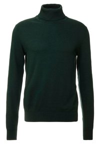 Maglione a maniche lunghe verde scuro con collo a dolce vita, polsini e orlo a costine, esposto su uno sfondo bianco semplice.