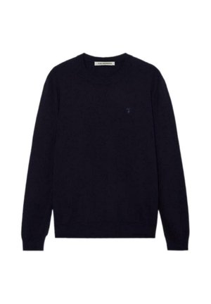 Marineblauer Strickpullover mit langen Ärmeln und rundem Ausschnitt. Verfügt über ein kleines Logo auf der Brust. Hergestellt aus glattem, weichem Stoff.