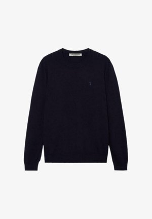 Marineblauer Strickpullover mit langen Ärmeln und rundem Ausschnitt. Verfügt über ein kleines Logo auf der Brust. Hergestellt aus glattem, weichem Stoff.