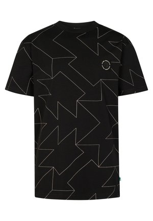 Tricou negru cu un model geometric de săgeți în bej. Confecționat din bumbac, cu mâneci scurte și decolteu rotund. Patches mic cu logo pe piept.
