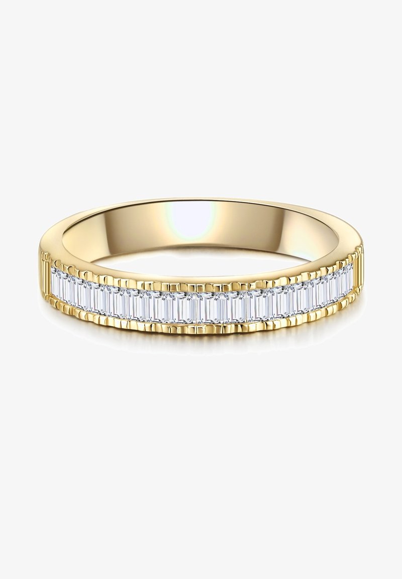 Zelta gredzens ar nepārtrauktu taisnstūra caurspīdīgu akmeņu rindu, demonstrējot pulētu apdari un teksturētus akcentus gar malām.