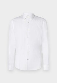 Camicia bianca a maniche lunghe in tessuto di lino con colletto classico, chiusura frontale con bottoni e orlo leggermente arrotondato.
