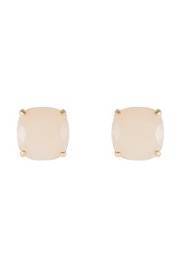 Square earrings featuring a pale pink stone, faceted surface, and gold hardware with four prongs securing the stone.