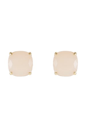 Square earrings featuring a pale pink stone, faceted surface, and gold hardware with four prongs securing the stone.
