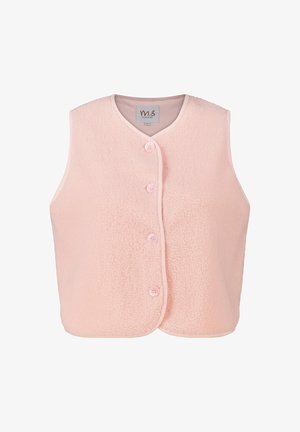 Roze fleecevest met een ronde hals, vijf roze knopen aan de voorkant en een gladde voering. Heeft een zachte, pluizige textuur.
