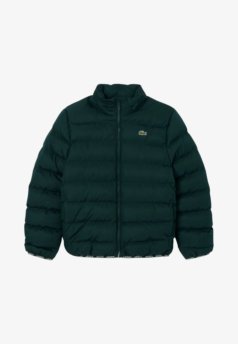 Tmavozelená prešívaná bunda s plným predným zipsom, stojacím golierom a malým logom krokodíla na ľavej strane hrude.