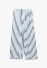 Ljusblå randiga byxor med en mjuk textur, som har svarta vertikala ränder, elastisk midja och dragsko för justering.