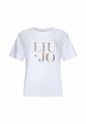 Weißes T-Shirt mit kurzen Ärmeln und Rundhalsausschnitt, mit einer zarten Herzlinie und goldfarbenen Nieten mit der Aufschrift "LIU JO" auf der Brust.