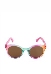 Lunettes de soleil colorées avec des montures dégradées de rose à vert et des verres marron, présentant une forme ovale et une finition lisse.