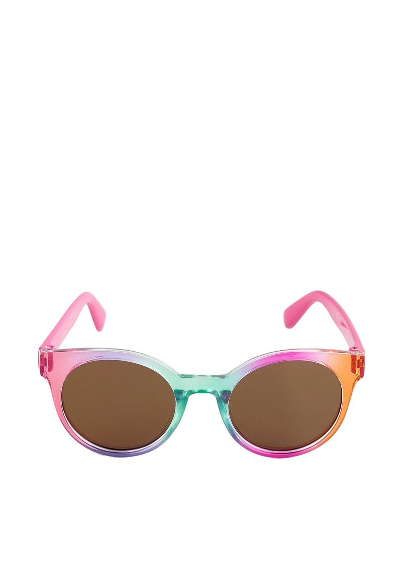 Lunettes de soleil colorées avec des montures dégradées de rose à vert et des verres marron, présentant une forme ovale et une finition lisse.
