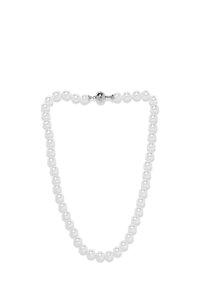 Perlenkette aus einheitlichen weißen Perlen mit glatter Textur und einem metallischen Verschluss in der Mitte.