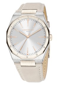 Zilverkleurig analoog horloge met een geborsteld octagonaal kast, roségouden accenten en een beige leren band. Minimalistische wijzerplaat met duidelijke markeringen.