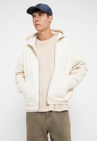 Light beige zip-up hoodie with a relaxed fit, side pockets, and a hood, paired with a cream T-shirt and olive green pants. Textured blue cap.