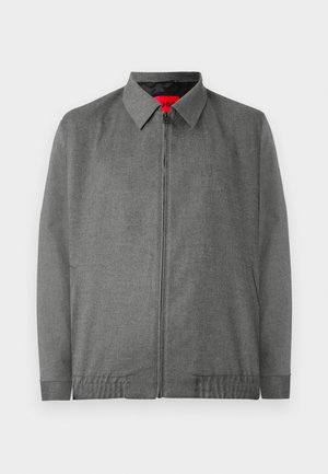 Veste grise avec un col, fermeture éclair à l'avant et poches latérales. Conçue avec un tissu texturé et des poignets élastiqués.