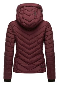 Maroon puffer jacket with a chevron quilted pattern, a hood, and ribbed cuffs. Smooth material with a fitted body and a label on the side.