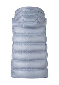 Helle blaue gepolsterte Weste mit hohem Kragen und gestepptem Design, ausgestattet mit horizontalen Nähten und ohne Ärmel, aus glänzendem, glattem Material.