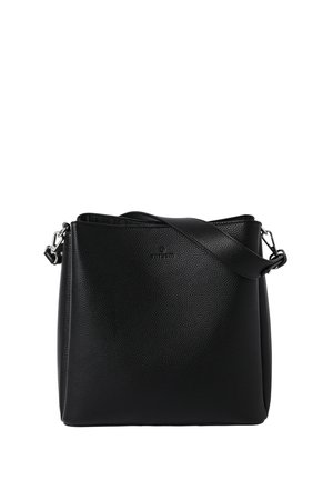 Zwarte leren handtas met een gestructureerde textuur, vierkante vorm, bovenaan ritsluiting en een afneembare schouderband met metalen hardware.