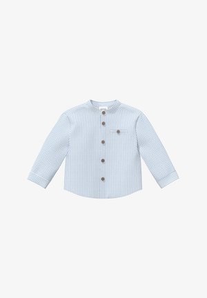 Gestreept overhemd met knopen in blauw en wit, voorzien van een ronde kraag, lange mouwen en een borstzak met knoopdetail.