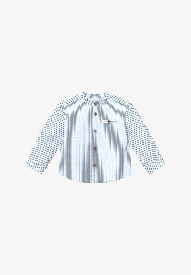 Gestreiftes Hemd mit Knopfleiste in Blau und Weiß, mit rundem Kragen, langen Ärmeln und einer Brusttasche mit Knopfdetail.