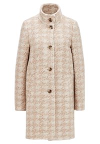 Beige og creme ternet tekstureret uldfrakke med høj krave og fem brune knapper foran, lange ærmer og knælængde.