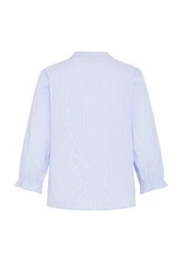 Blouse bleu clair avec fines rayures blanches, manches longues bouffantes et poignets à volants, vue de dos sur un fond blanc.