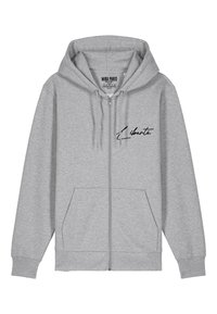 Felpa grigia con zip realizzata in misto cotone, dotata di una tasca frontale, cordini e testo in corsivo nero "Liberté" sul lato sinistro del petto.