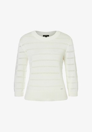 Pull en tricot blanc avec des motifs de rayures horizontales et un ourlet côtelé. Conçu avec un col rond et des manches trois-quarts.