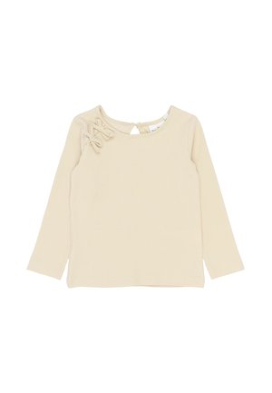 Jasnokremowa, długorękawowa koszulka dla niemowląt o prążkowanej strukturze z dwoma małymi kokardkami w pobliżu lewego otwarcia na plecach.