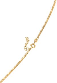 Gouden kettinghalsband met een fijn ontwerp, voorzien van een ronde sluiting en een verstelbare ketting. Soepele textuur, minimaal patroon.
