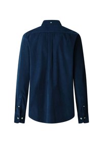Navyblauwe corduroy overhemd met lange mouwen, knoopmanchetten en een kleine kraag. Heeft een rugplooi voor extra comfort.