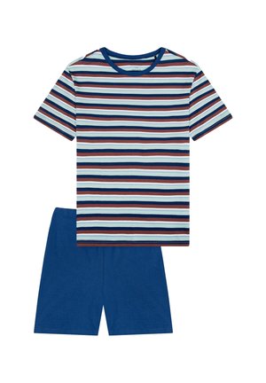 Striped short-sleeve t-shirt in blue, red, and white, paired with solid blue shorts. Cotton fabric; regular fit; crew neck design.