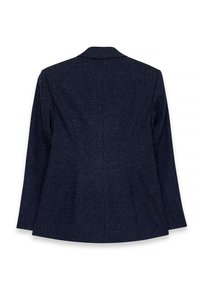 Temno modra srajčna jakna z diskretnim teksturiranim vzorcem, dolgi rokavi in šivi za prilegajočo silhueto, prikazana zadaj.