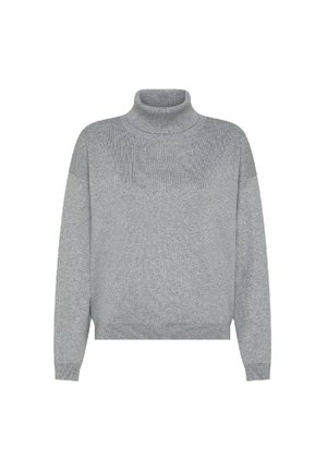 Maglione grigio a collo alto con texture a costine, maniche lunghe e una vestibilità rilassata. Presenta un pannello a costine leggermente più chiaro sul petto.