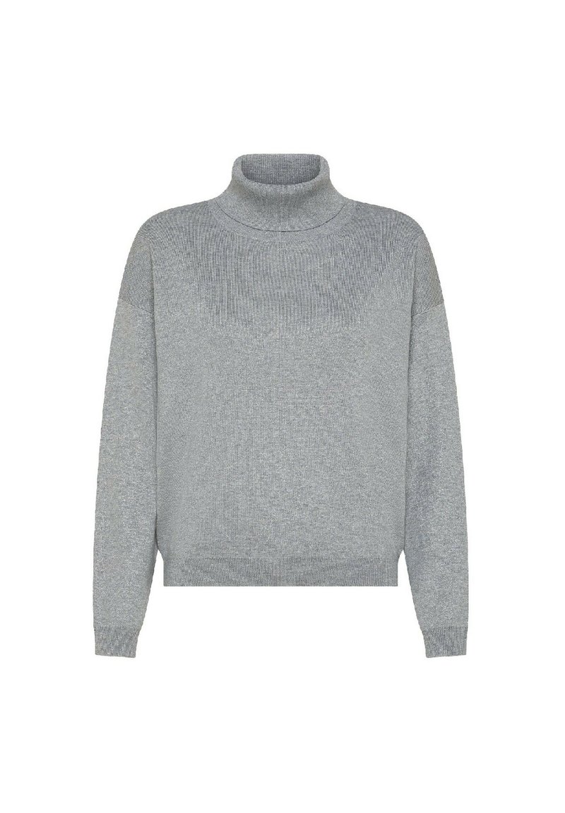 Maglione grigio a collo alto con texture a costine, maniche lunghe e una vestibilità rilassata. Presenta un pannello a costine leggermente più chiaro sul petto.