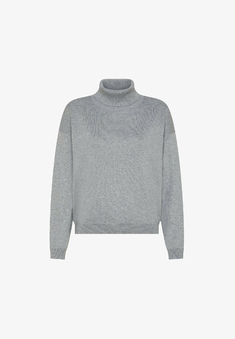 Maglione grigio a collo alto con texture a costine, maniche lunghe e una vestibilità rilassata. Presenta un pannello a costine leggermente più chiaro sul petto.