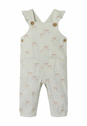 Jasnobeżowe niemowlęce ogrodniczki z różowymi wzorami kokardek, drewnianymi guzikami, przednimi kieszeniami i elastycznymi otworami na nogawki.