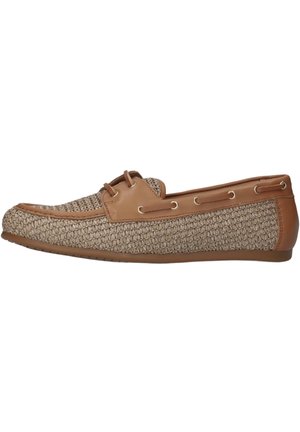 Light brown woven loafer with leather trim, lace details, and rubber sole, shown in side profile on white background.