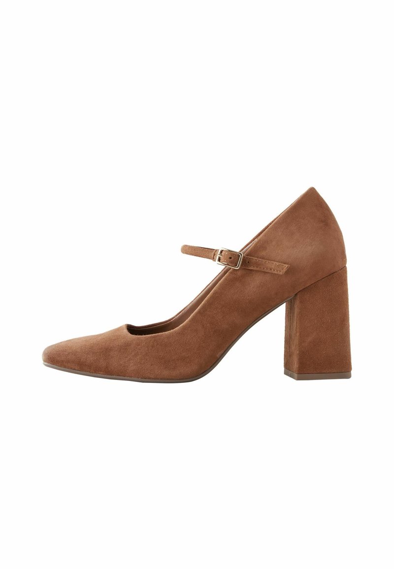 Brown suede Mary Jane pump with a pointed toe, adjustable strap with buckle, and a block heel. Smooth texture, classic design.