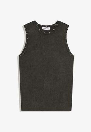 Dunkelgraues ärmelloses Stricktop mit rundem Ausschnitt und Metallösen-Details entlang des Kragens und der Armlöcher.
