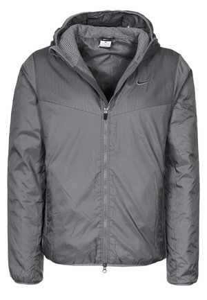 Veste à capuche grise Nike avec fermeture éclair frontale complète, panneau texturé sur la partie supérieure de la poitrine et doublure intérieure douce.