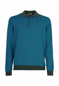 Polo a maniche lunghe a righe con una palette di colori blu e verde, dotato di patta con tre bottoni e polsini e orlo a coste. Tessuto morbido.