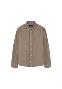Camicia marrone a maniche lunghe con bottoni e colletto. Presenta bottoni bianchi e un piccolo logo sul lato sinistro del petto. Realizzata in tessuto strutturato.