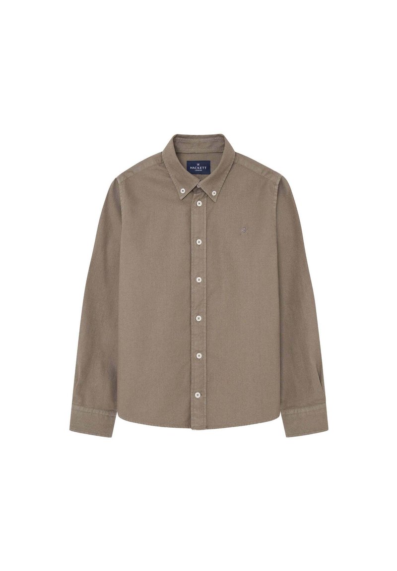 Camicia marrone a maniche lunghe con bottoni e colletto. Presenta bottoni bianchi e un piccolo logo sul lato sinistro del petto. Realizzata in tessuto strutturato.