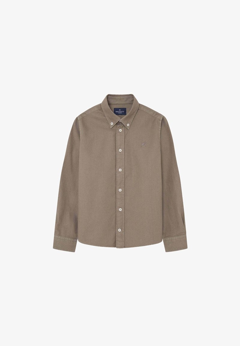 Brun långärmad skjorta med knappstängning och krage. Har vita knappar och en liten logotyp på vänster bröst. Tillverkad av strukturerad tyg.