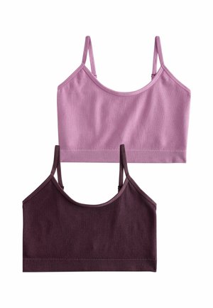 Zwei gerippte Crop-Tops mit dünnen Trägern, eines in Hellrosa und eines in Dunkelviolett, auf weißem Hintergrund dargestellt.