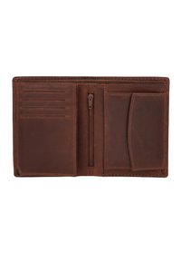 Braune Leder-Bifold-Geldbörse geöffnet, zeigt mehrere Kartenfächer, eine vertikale Reißverschlusstasche und eine Klappentasche auf der rechten Seite.