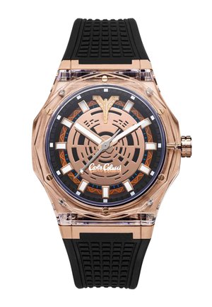 Rose gold and black wristwatch with geometric dial, white hour markers, luminous hands, black textured silicone strap, and brand logo on face.