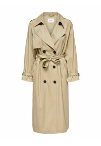 Beige trenchcoat med dobbeltradet design, stor krage og belte. Har lange ermer med justerbare mansjetter og sidelommer.