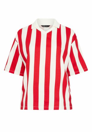 Camisa de manga corta y corte holgado con rayas verticales rojas y blancas y cuello blanco, exhibida sobre un fondo blanco liso.