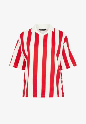 Camicia a maniche corte, taglio morbido, con righe verticali rosse e bianche e colletto bianco, mostrata su uno sfondo bianco semplice.